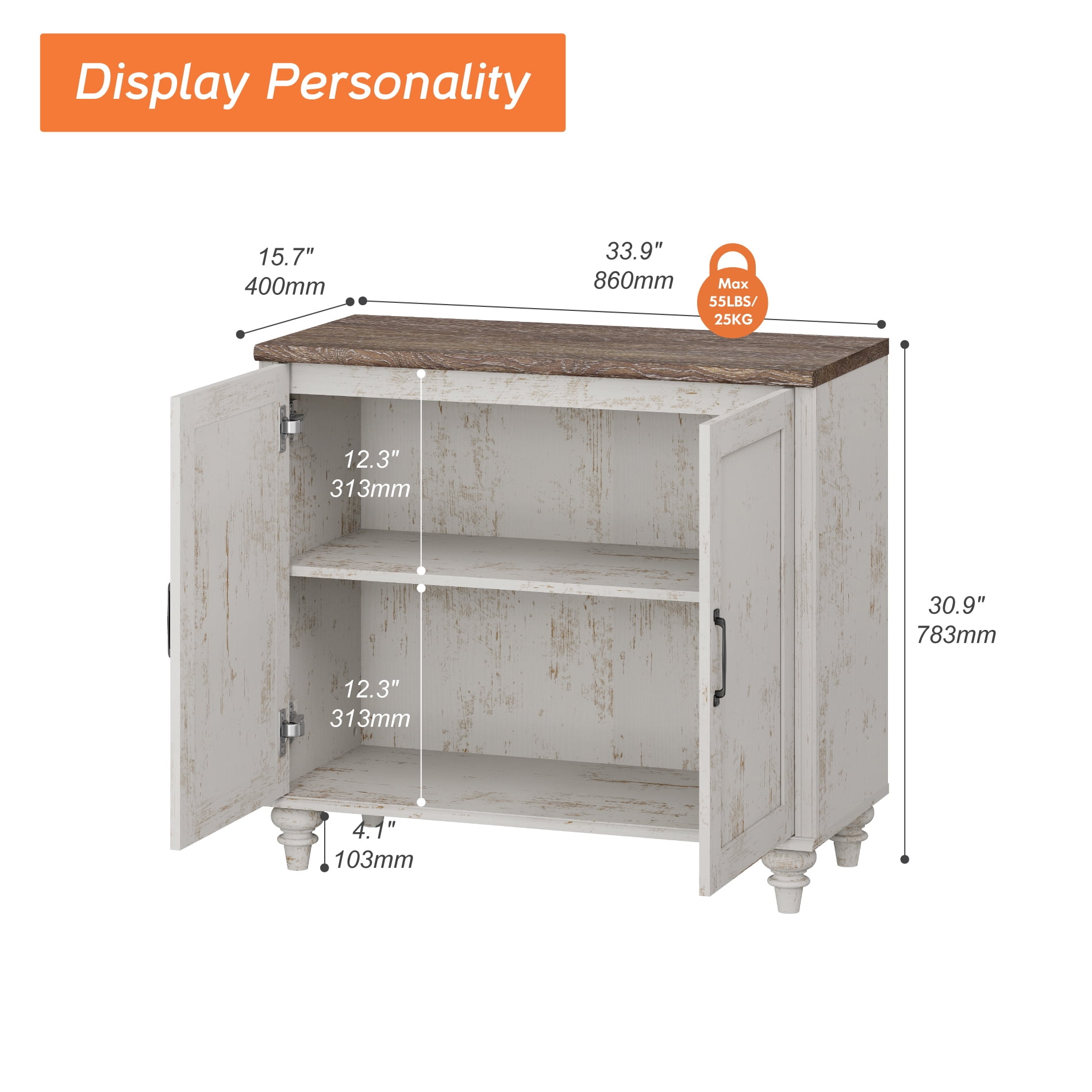Modern Farmhouse Credenza, 34" Rustic White Storage Sideboard with Wood Doors