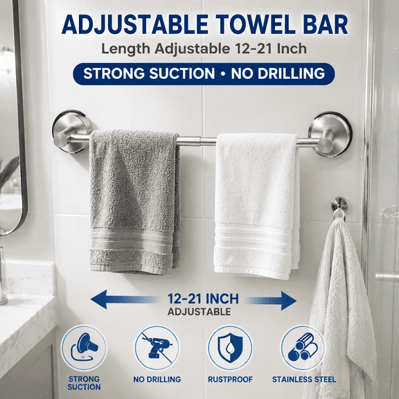 Adjustable 12~21 Inch Wall Mounted Towel Bar, Multi-use Towel Rack Holder for Bathroom and Shower Door, Practical Home Bathroom Decor Supplies, Silver