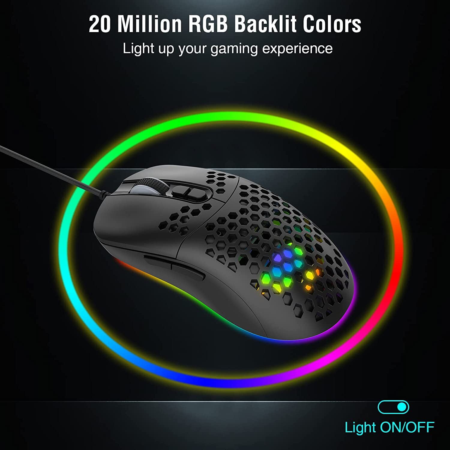 TROPRO Programmable RGB Gaming Mouse, 6 DPI (1000/1600/2400/3200/4800/6400)  96g Ultra Lightweight Honeycomb Optical LED Wired Mouse with Programmable 6  Keys RGB Marquee Effect Light 