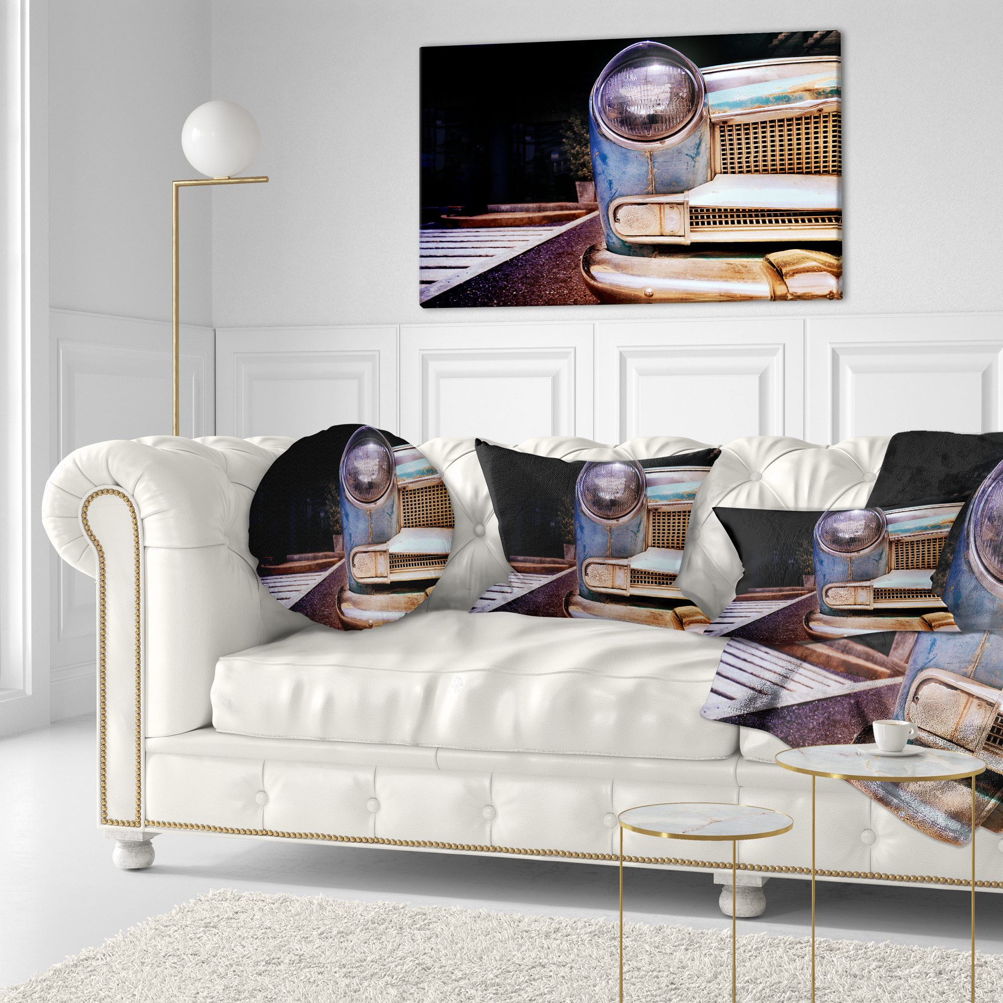 Designart Front Headlight Of Vintage Car - Cars Throw Pillow - 12x20