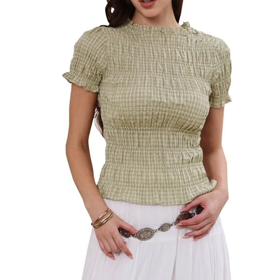 DARING DIVA Women's Smocked Plaid Short Sleeve Crew Neck Ruffle Tops Shirt S Gray Green