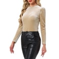 thumbnail image 4 of Blusa de manga larga con cuello alto de terciopelo brillante metálico Allegra K para mujer en color beige, 4 of 6