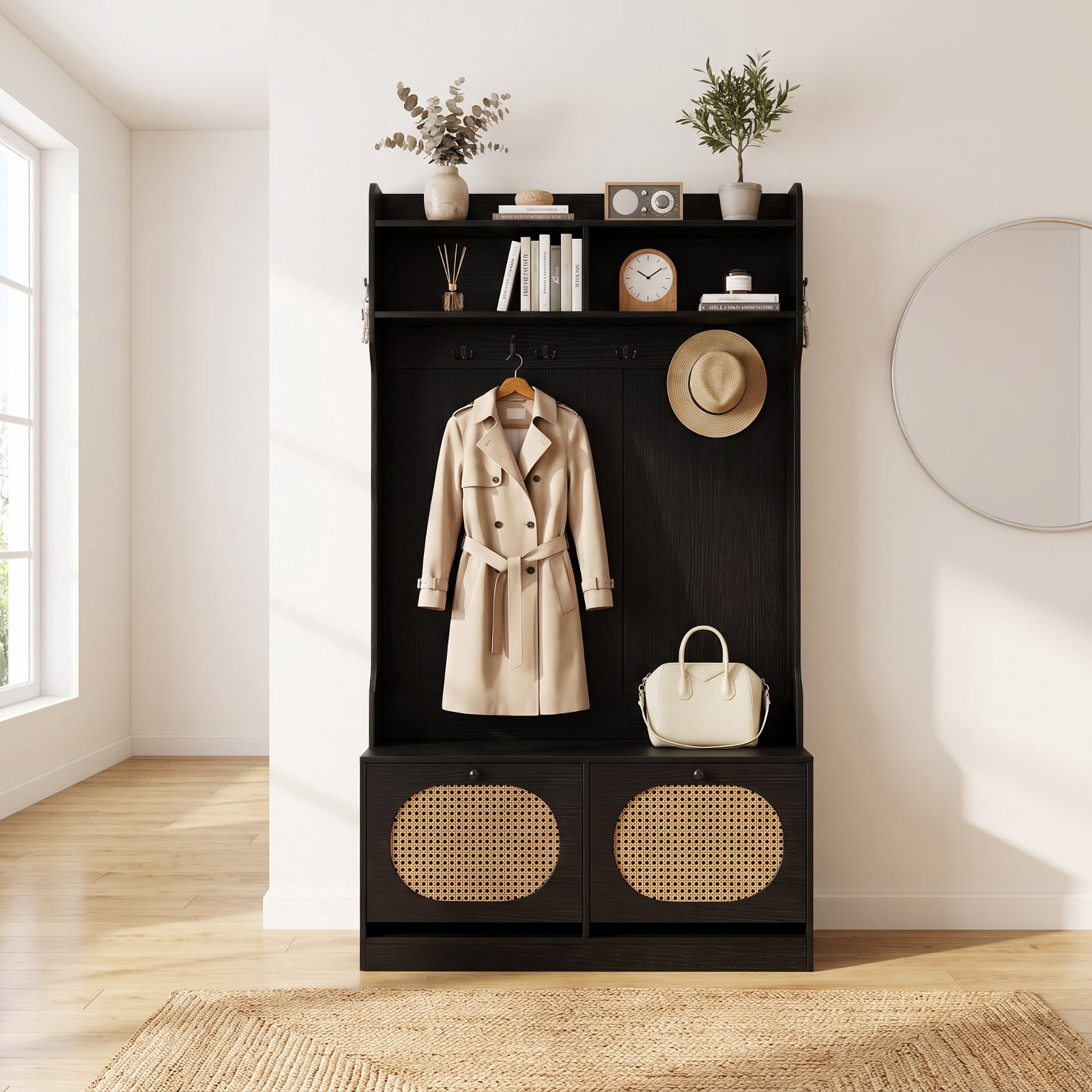 Furnibear 4 in 1 Entryway Hall Tree with Coat Rack and Flip Drawers and Storage Bench for Mudroom and Foyer and Hallway, Black