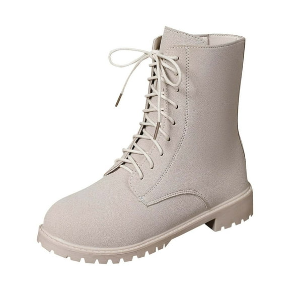 HAOTAGS Women's Short Boots, Round Toe Fall and Winter Side Zipper Low - heel Boots White
