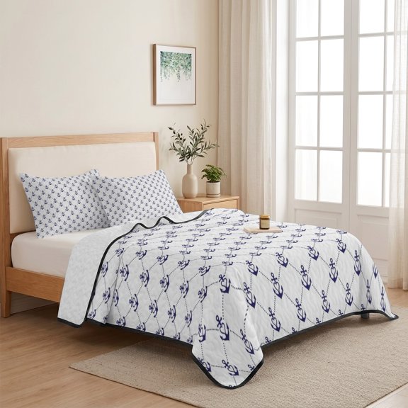 3 Piece Summer Bed Quilt Set Twin XL Size,Navy Blue Anchors Seamless Lightweight Bedspread Coverlet with 2 Pillowcases Summer Nautical Soft Comforter Bedding Quilts for All Season