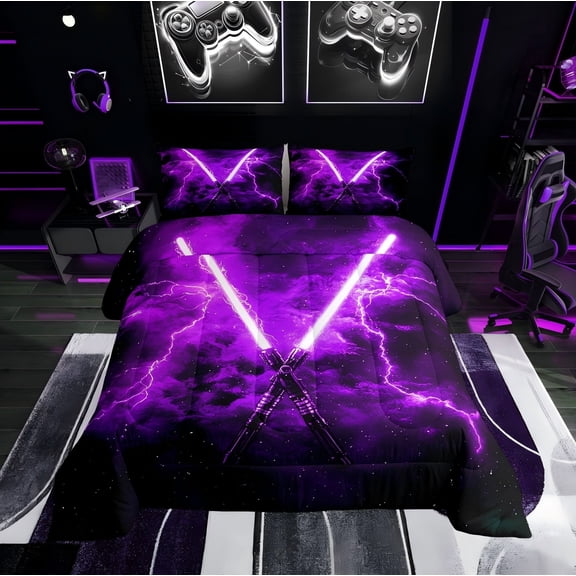 Erosebridal Galaxy Lightning Bedding Sets Twinwith Comforter, Purple Pink Duvet Insert, Watercolor Print Decor, Reversible
