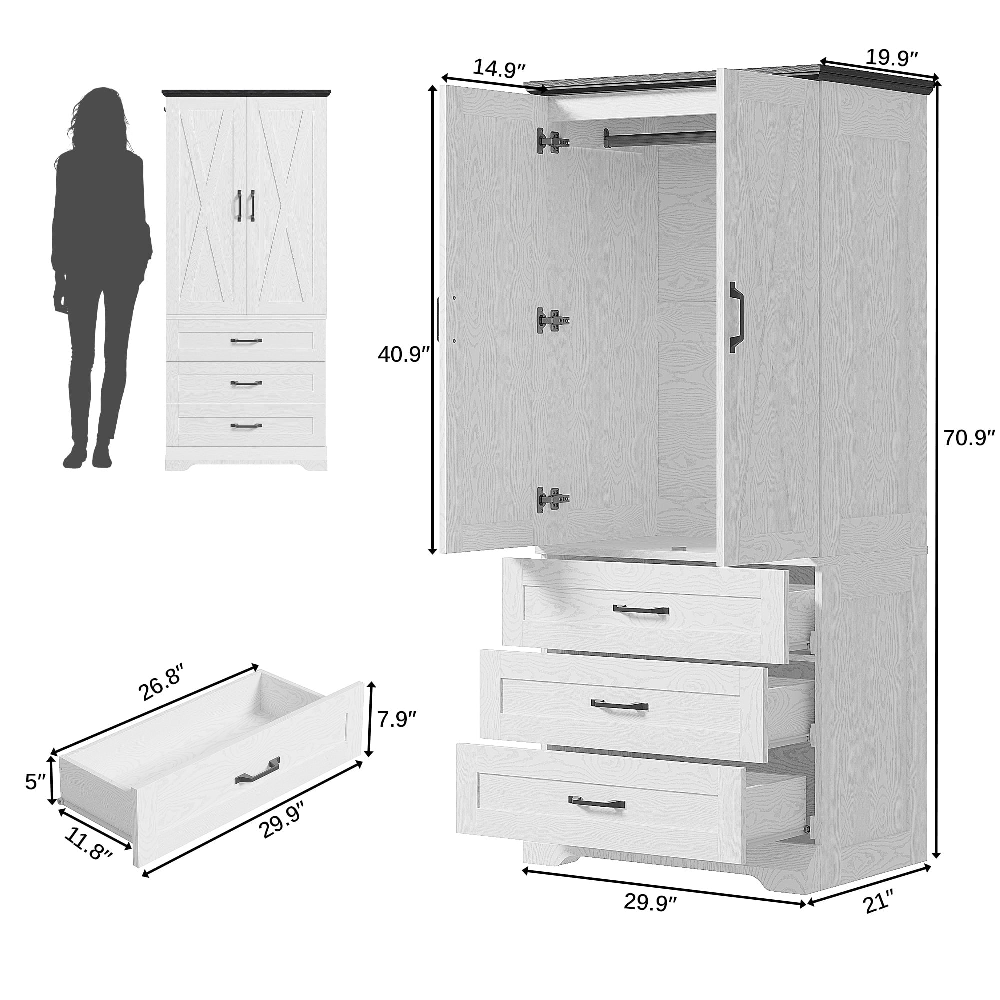 LIKIMIO 70.9"H Wardrobe Closet with Sensor Light and 3 Drawers, Wooden Bedroom Armoire Cabinet with 2-Door and Hanging Rod