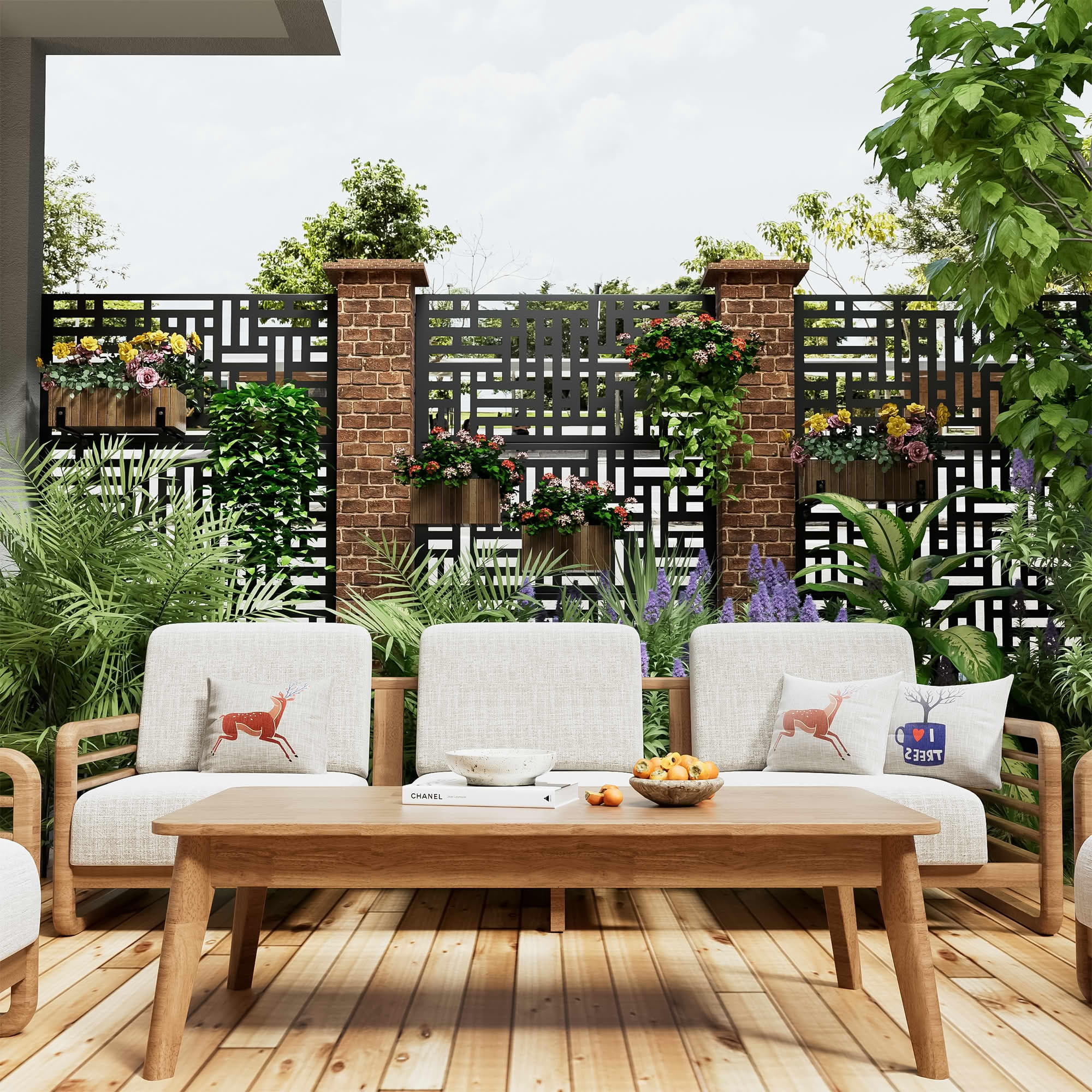 MAYEERTY 72"x47" Outdoor Privacy Screen, 3-Panel Black Street Pattern Galvanized Steel Screen, Decorative Cutout Fence for Patio Yard