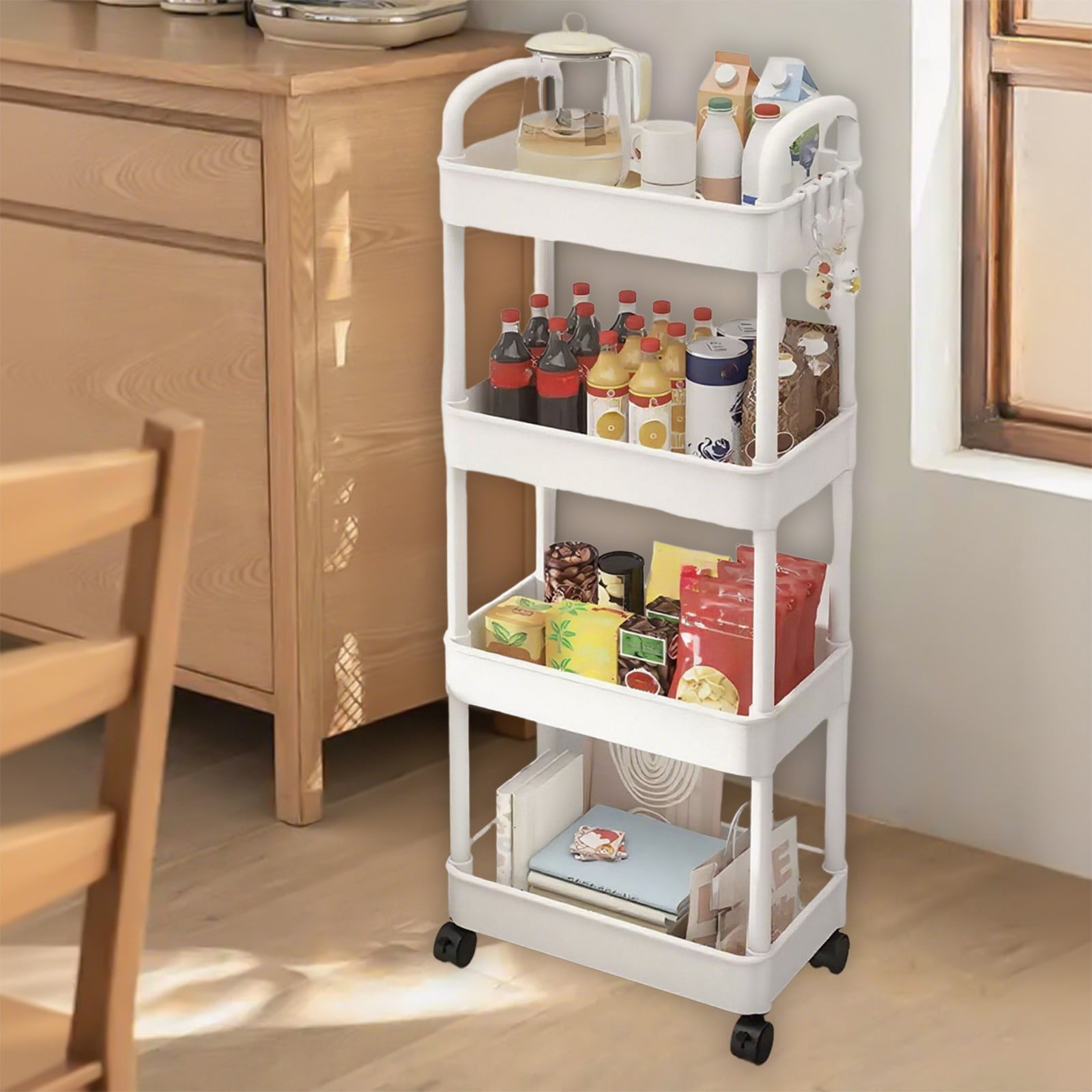 SIYTUAU White 4-Tier Kitchen Storage Cart With Armrests And Wheels For Bathroom Toiletries Organizer 13.8 X 8.7 X 38.2 Inch White Color Plastic Material For Home Use White