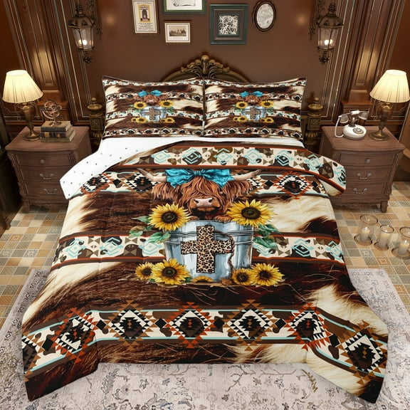 Castle Fairy Farmhouse Animal Highland Cow Print Bedding Comforter Set 2pcs for Teens Adults,Bohemian Western Aztec Twin Comforter Sets Microfiber,Chic Floral Sunflowers Breathable Bedding Set