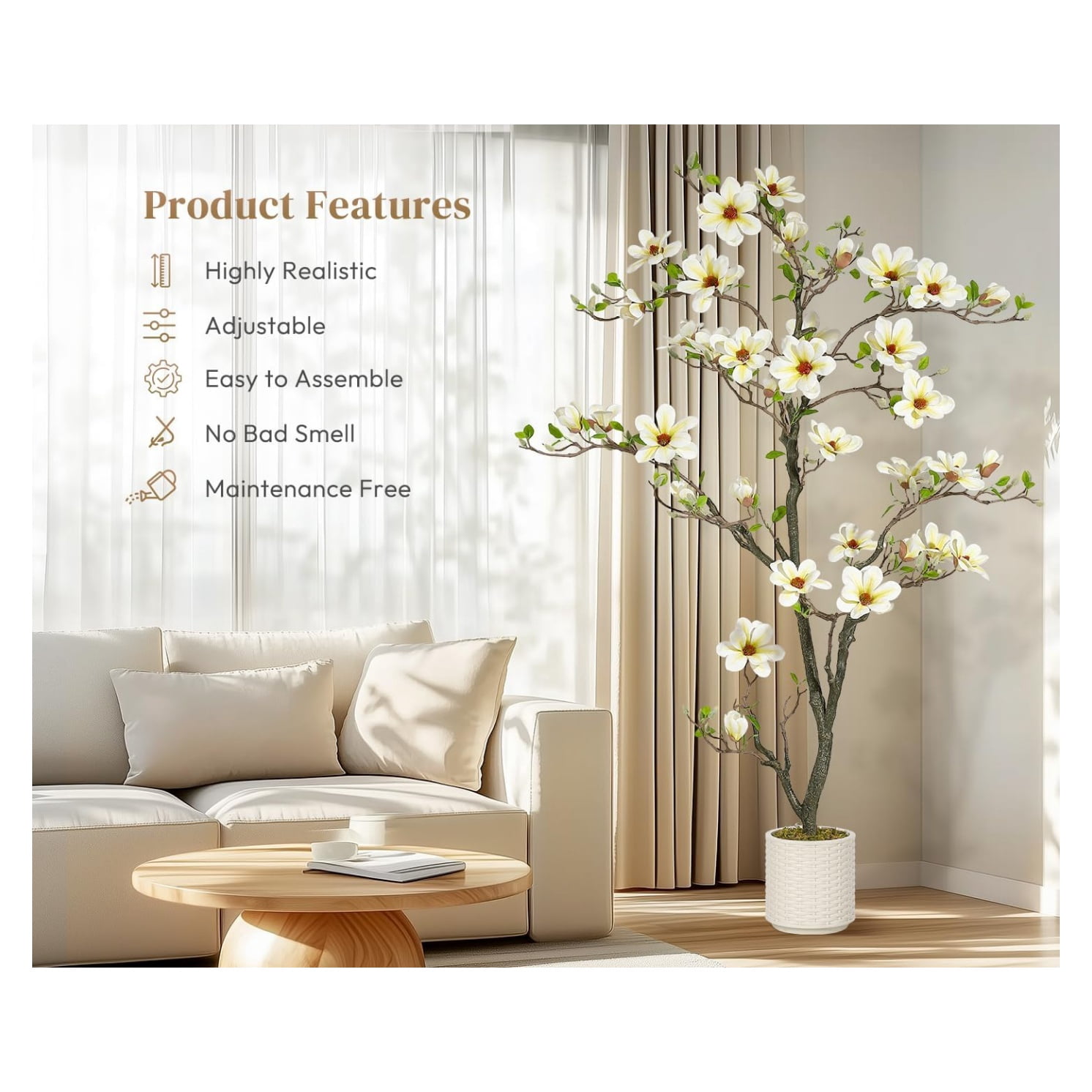 4/5/6 FT Faux Magnolia Plants Artificial Flower Trees Fake Plants for Yard Patio Home Office Arrangement Decor Indoor Outdoor Artificial Magnolia Tree Inc. 66 Realisc Flowers Vivid Leaves Mosses White