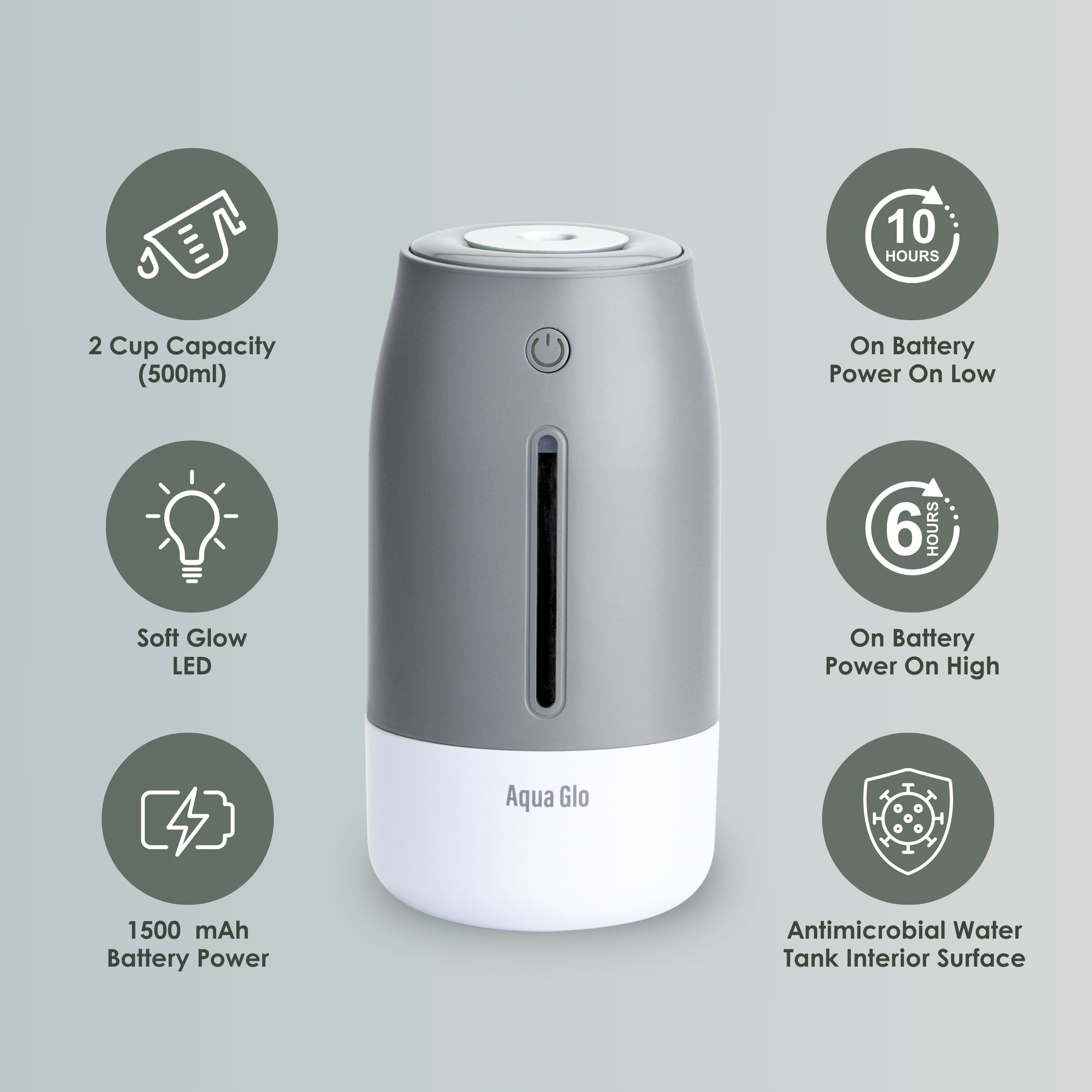 Airvana Aqua Glo Personal, Portable Humidifiers for Bedroom – Ultrasonic Cool Mist Humidifier with Built In Rechargeable Battery. Air Humidifier for Baby, Plants, Home, Office, Travel. Gray