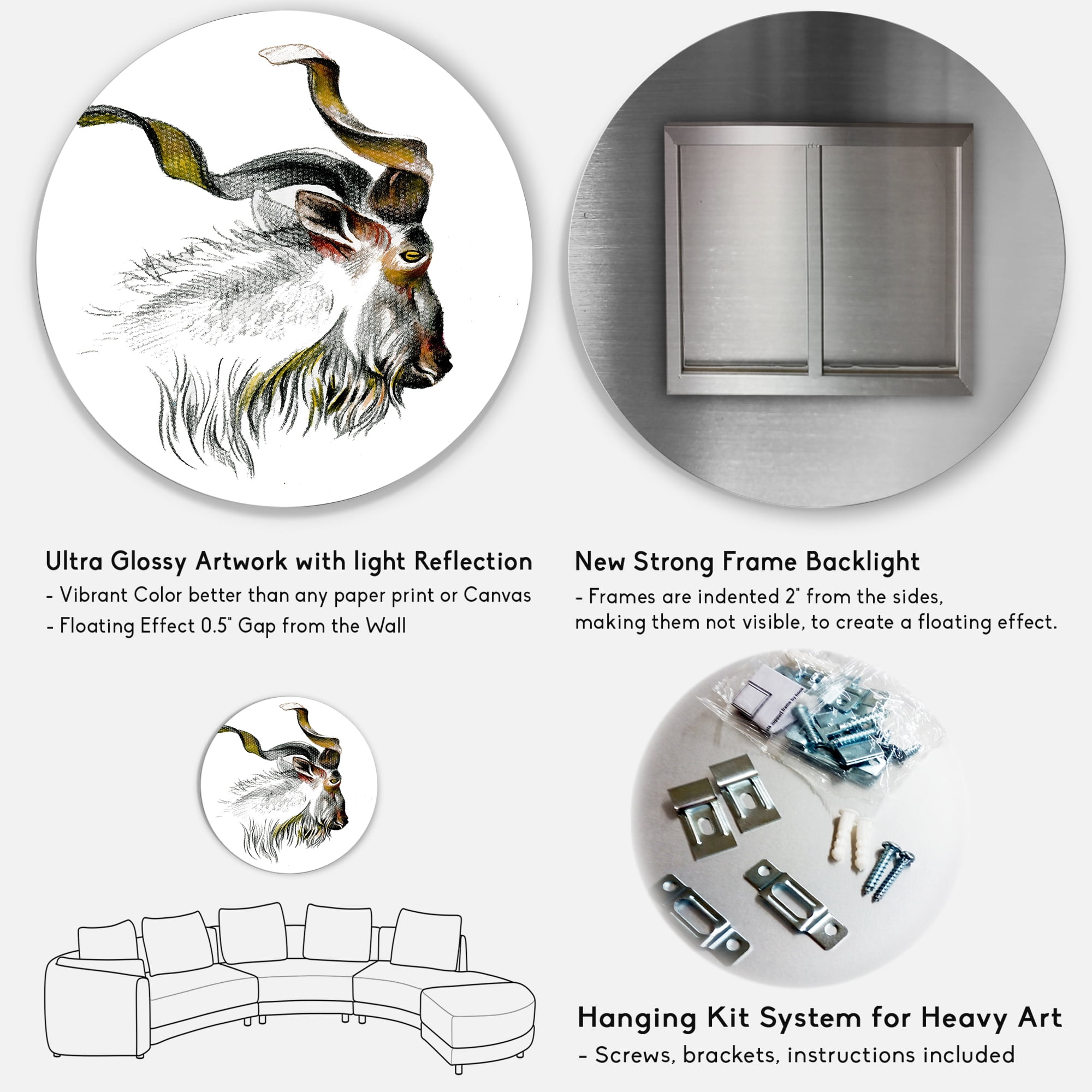 Designart 'Black and White Portrait Of Goat II' Farmhouse Circle Metal Wall Art 36x36 - Disc of 36