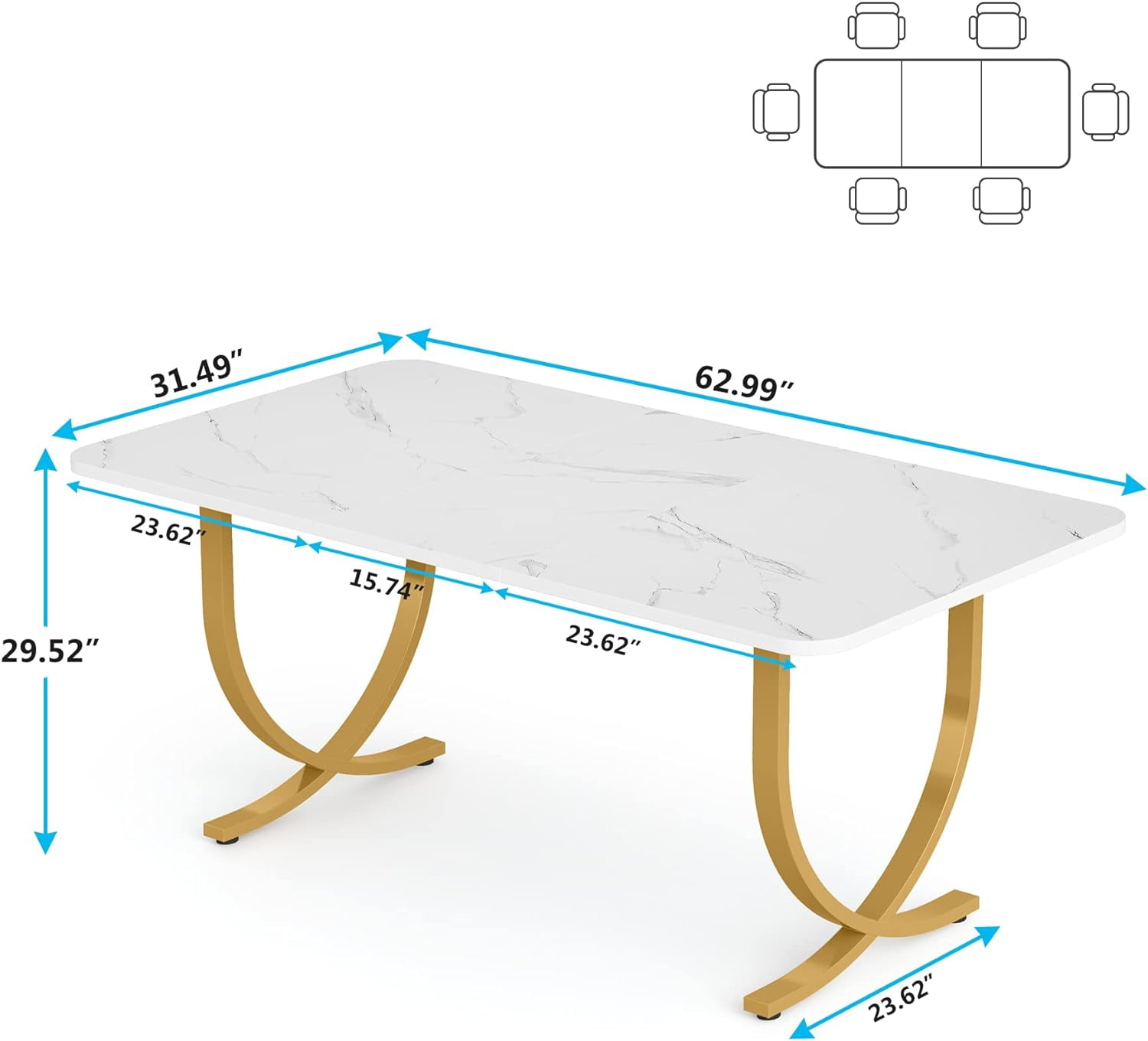 Finmind Rectangular Dining Table for 4 to 6, 63-Inch White and Gold Modern Kitchen Table with Faux Marble Table Top and Metal Legs for Dining Room, Kitchen or Living Room