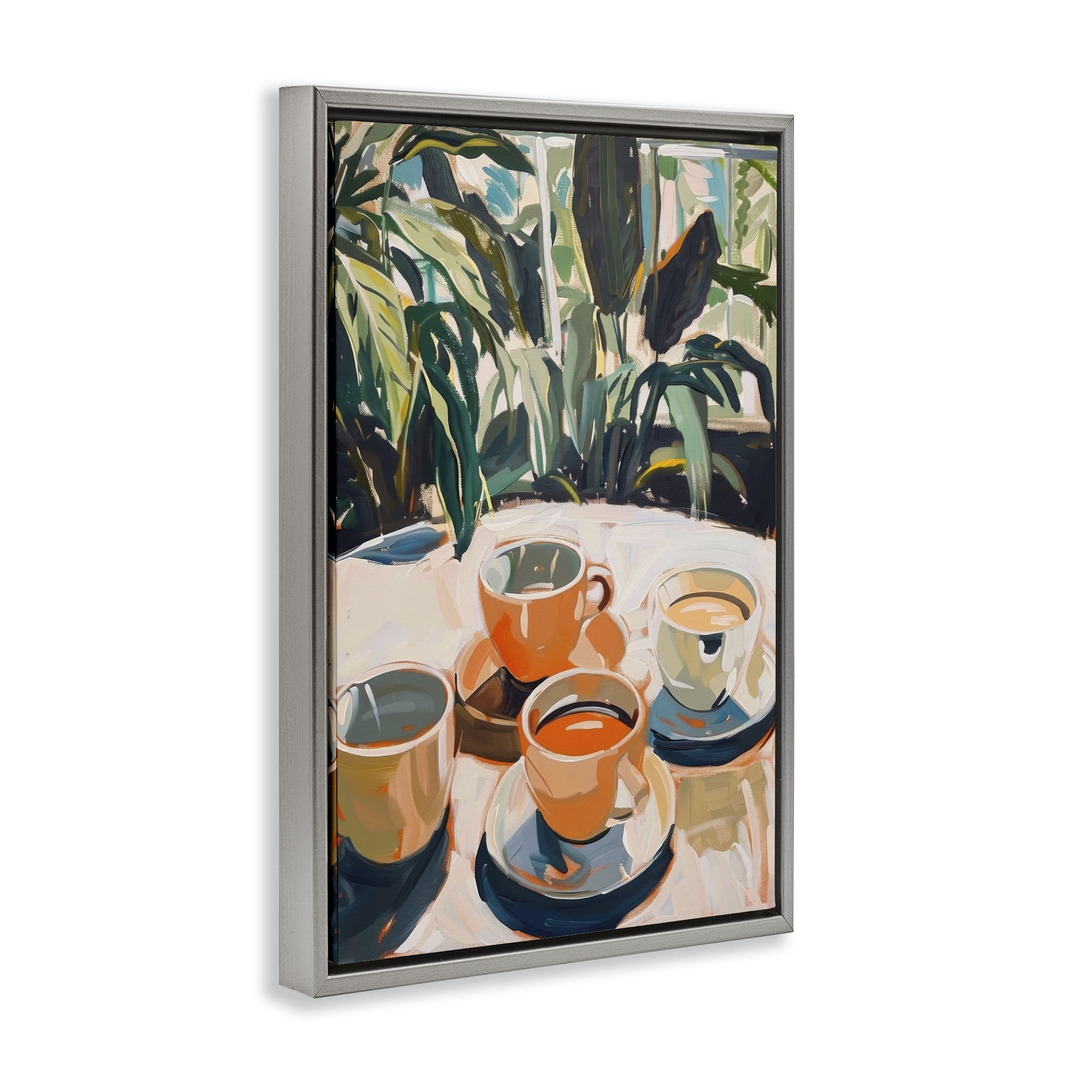 Stupell Industries Coffee Time Among Plants Food & Beverage Painting Gray Floater Framed Canvas Art Print Wall Art, 17 x 25