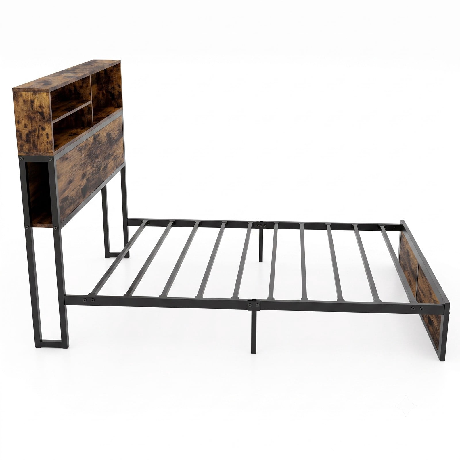 Furnibear Queen Bed Frame with Storage Headboard, Industrial Metal Platform Bed Frame with Charging Station and USB Ports, No Box Spring, Rustic Brown