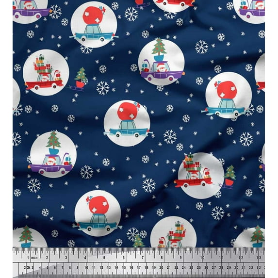 Soimoi Cotton Duck Fabric Gift Box,Car & Santa Christmas Printed Fabric 1 Yard 42 Inch Wide