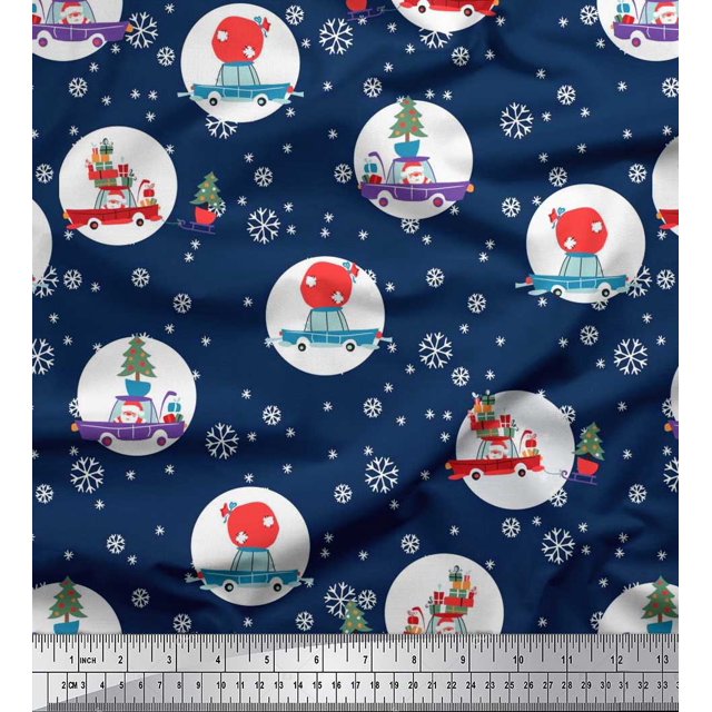 Soimoi Poly Georgette Fabric Gift Box,Car & Santa Christmas Fabric Prints by Yard 52 Inch Wide