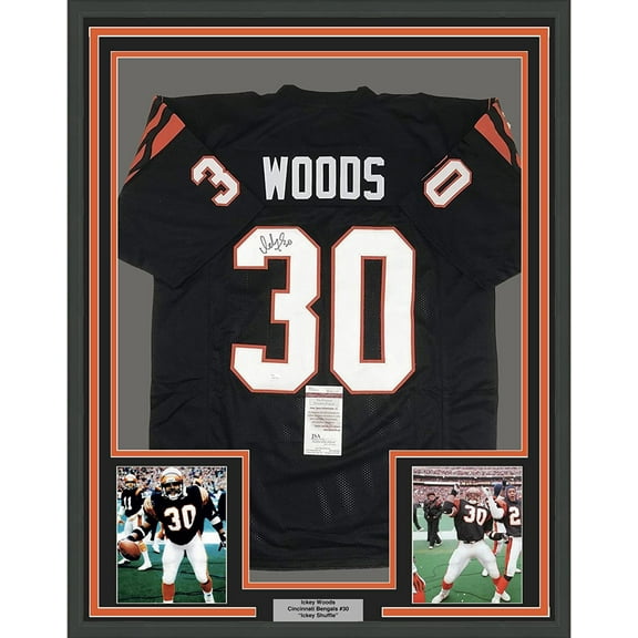 Framed Autographed/Signed Ickey Woods 35x39 Cincinnati Bengals Black Football Jersey JSA COA
