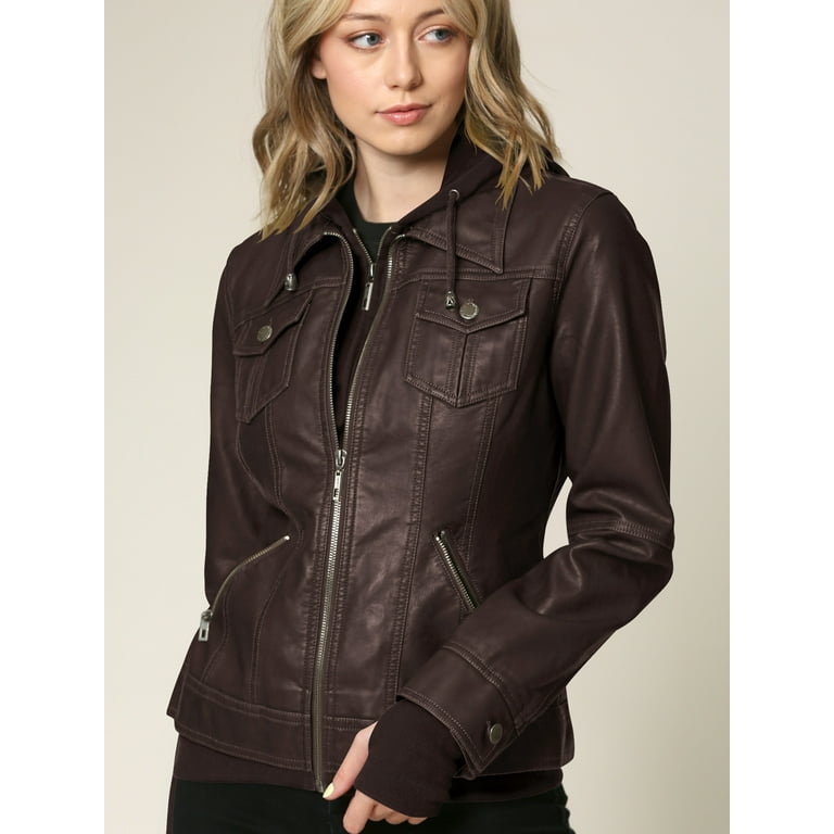 Made by Johnny Women's Detachable Hooded Faux Leather Moto