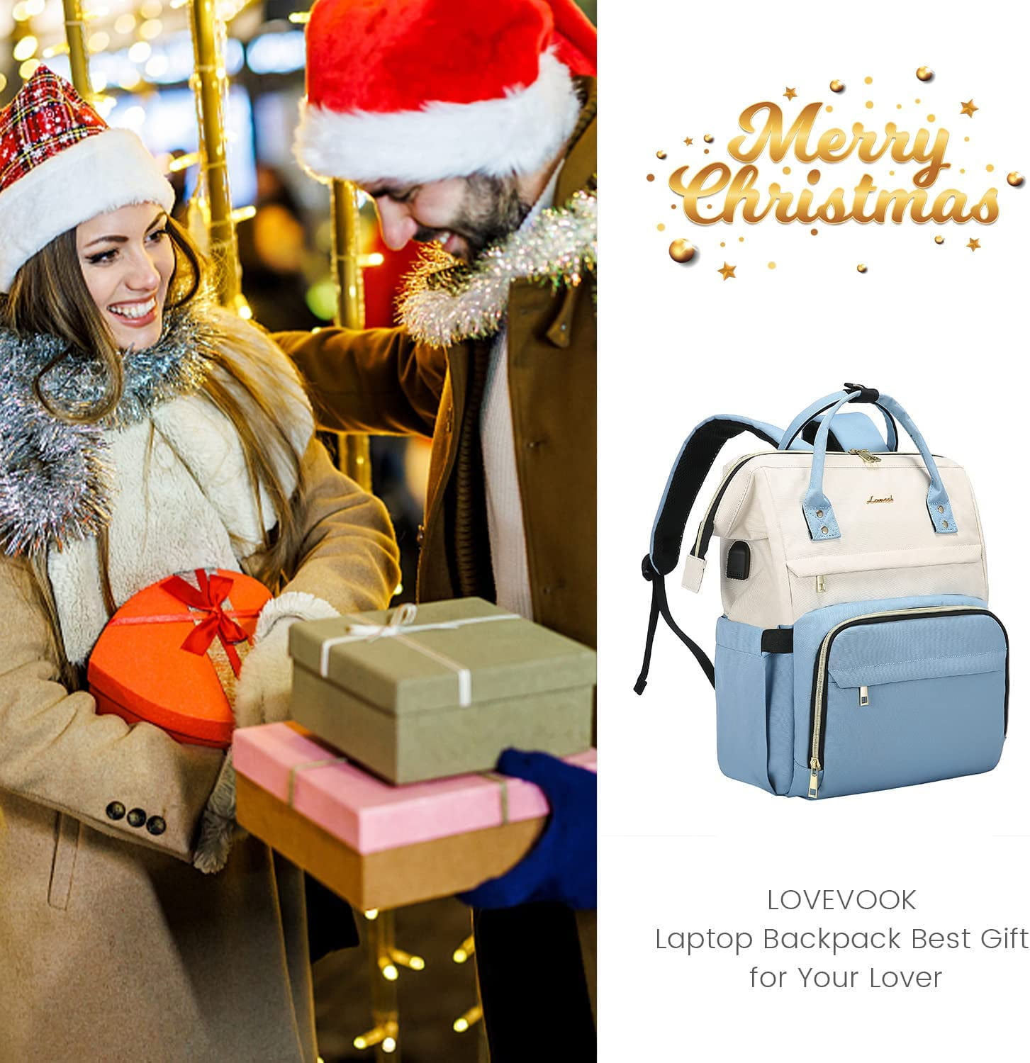 Lovevook Laptop Bag 15.6", Women Work Computer Bag Teacher Nurse Backpack Purse with USB, Waterproof Travel Backpack College Bookbag- Beige+Light Blue
