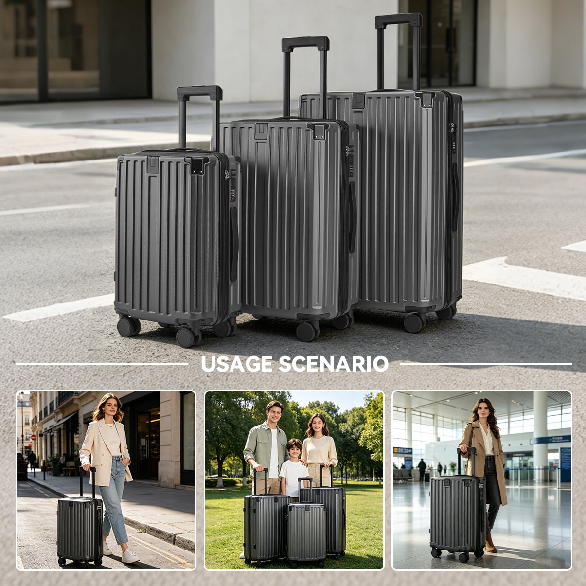 PC+ABS 3-Piece Business Luggage Set with USB Lock, 20"/24"/28" Spinner Suitcases, Silent Wheels, Mature Business Design for Professional Travelers