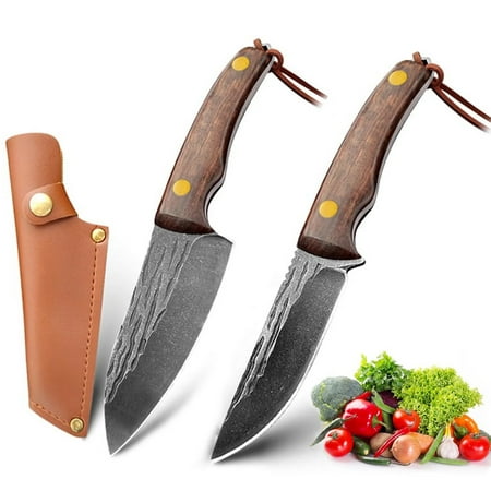 3.5-inch Full Tang Fixed Blade Butcher Knife 2PCS High Carbon Steel Boning Knife Fish Knife Wood Handle with Lanyard and Sheath