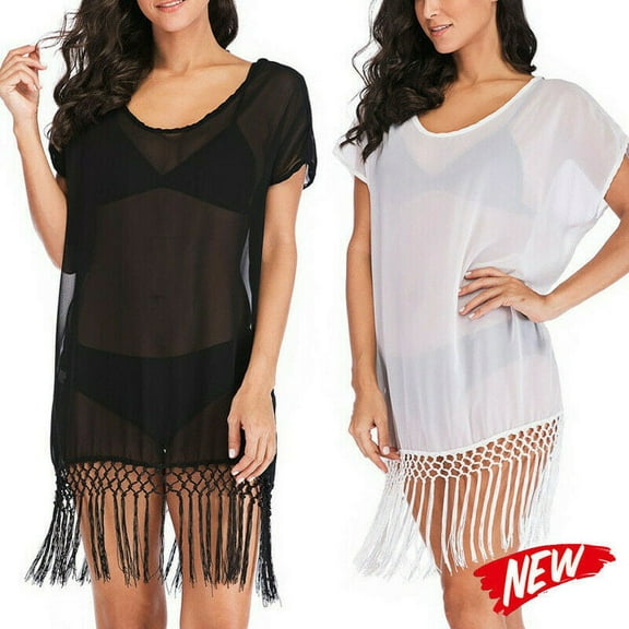 Women Strap Skirt Fringe Dress Swimwear Beach Hot Group Bikini Black White