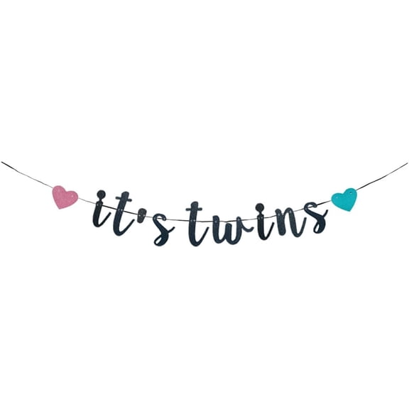 It's Twins Banner, Black Paper Sign For Twins Baby Shower/Gender Reveal Party Supplies, Kids Birthday Party Decorations