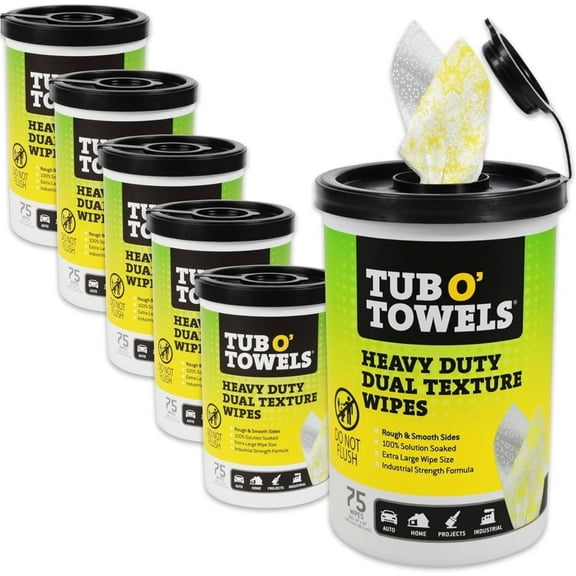 Tub O’ Towels TW75 Heavy-Duty 10" x 12" Size Multi-Surface Cleaning Wipes, Dual Texture, 75 Count Per Canister, 6 Pack