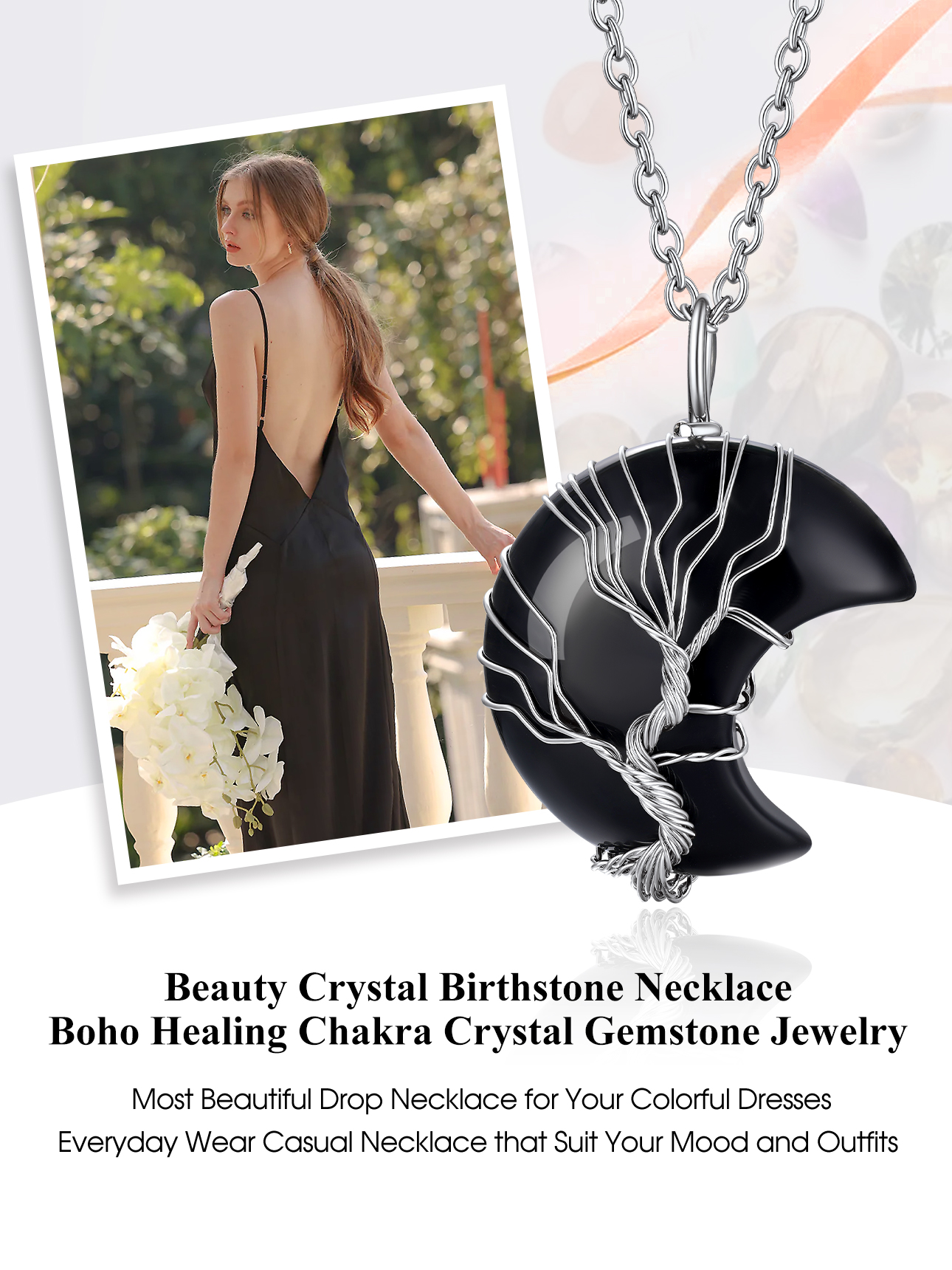 Bestyle Tree of Life Black Onyx Crescent Moon Necklace photo 4