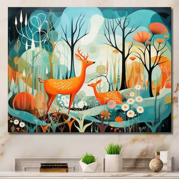 Designart Midcentury wall art, Blue Mid Century Mod Nature , Abstract Midcentury Large Wall art decor, Teal Mid-Century Modern Canvas wall art, 32x24 inches