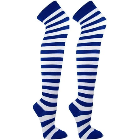 

GOODYEZZ Over The Knee Socks For Women - Stripe Old School Ladies Thigh High Knee Sock - 1 Pair Comfortable Stocking Hosiery (BLUE WHITE STRIPES)