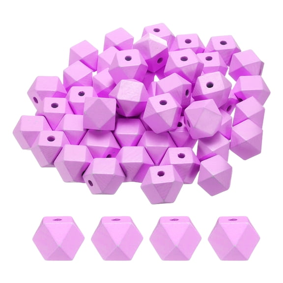 Uxcell 50pcs 20mm Light Purple Geometric Wood Beads 4mm Large Hole Polygon Wooden Loose Spacer Beads for Jewelry Making Necklace Bracelets DIY Crafts Macrame Handmade Decorations