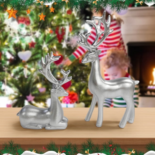 2pcs Resin Reindeer Sculpture Deer Statue Reindeer Ornament For Home Office Desk Decor