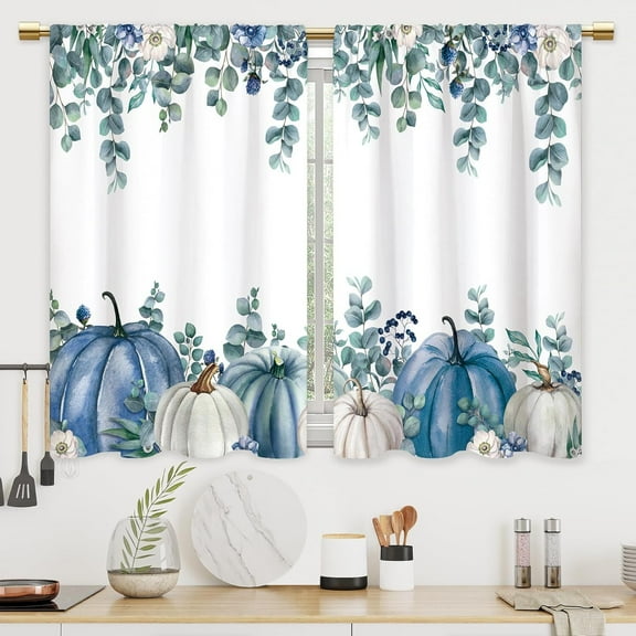 Blue White Pumpkins Fall Kitchen Curtains Thanksgiving Autumn Bathroom Curtains Window Treatment Drape Tier Eucalyptus Leaves Cafe Small Bedroom Short French Door Curtains 2 Panel 28x40 Inch