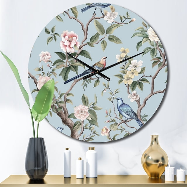 Designart "Bird in Minimalist Floral Setting I" Floral Oversized Wall Clock