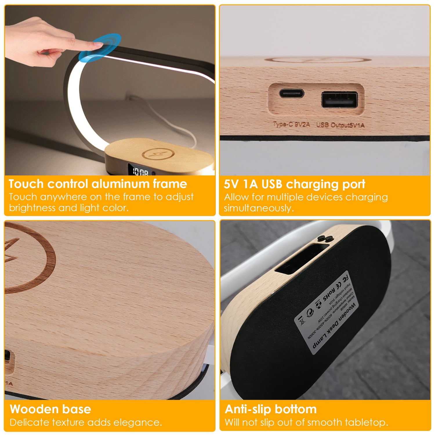 Moclever Bedside Table Lamp Wireless Charging LED Desk Lamp with Clock for Bedroom Office