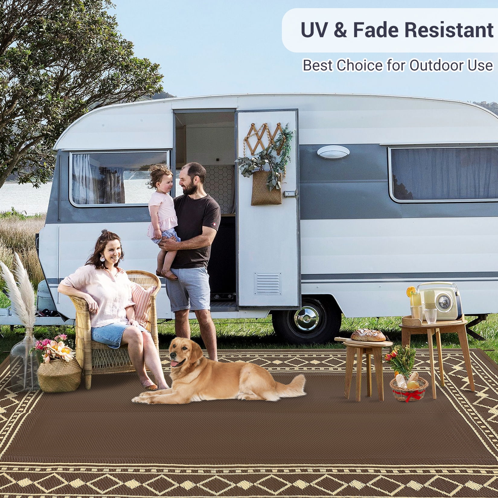 EliteEdge 8*10 Outdoor Rug - Waterproof Double-Sided Plastic Straw Rug, Modern Diamond Border Design P-Tube Outdoor Plastic Mat - Modern - Diamond Double Frame, Suitable for Patio, Camping, Balcony,