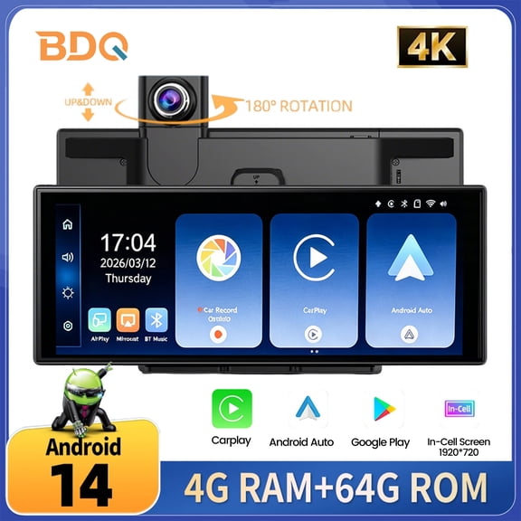 BDQ Wireless Carplay & Android Auto with Dash Cam - 11.26 Inch HD IPS Touch Car Play Screen for Car, 4K Front & 1080P Rear Camera, Loop Recording, Bluetooth Audio, Mirror Link, GPS, Siri