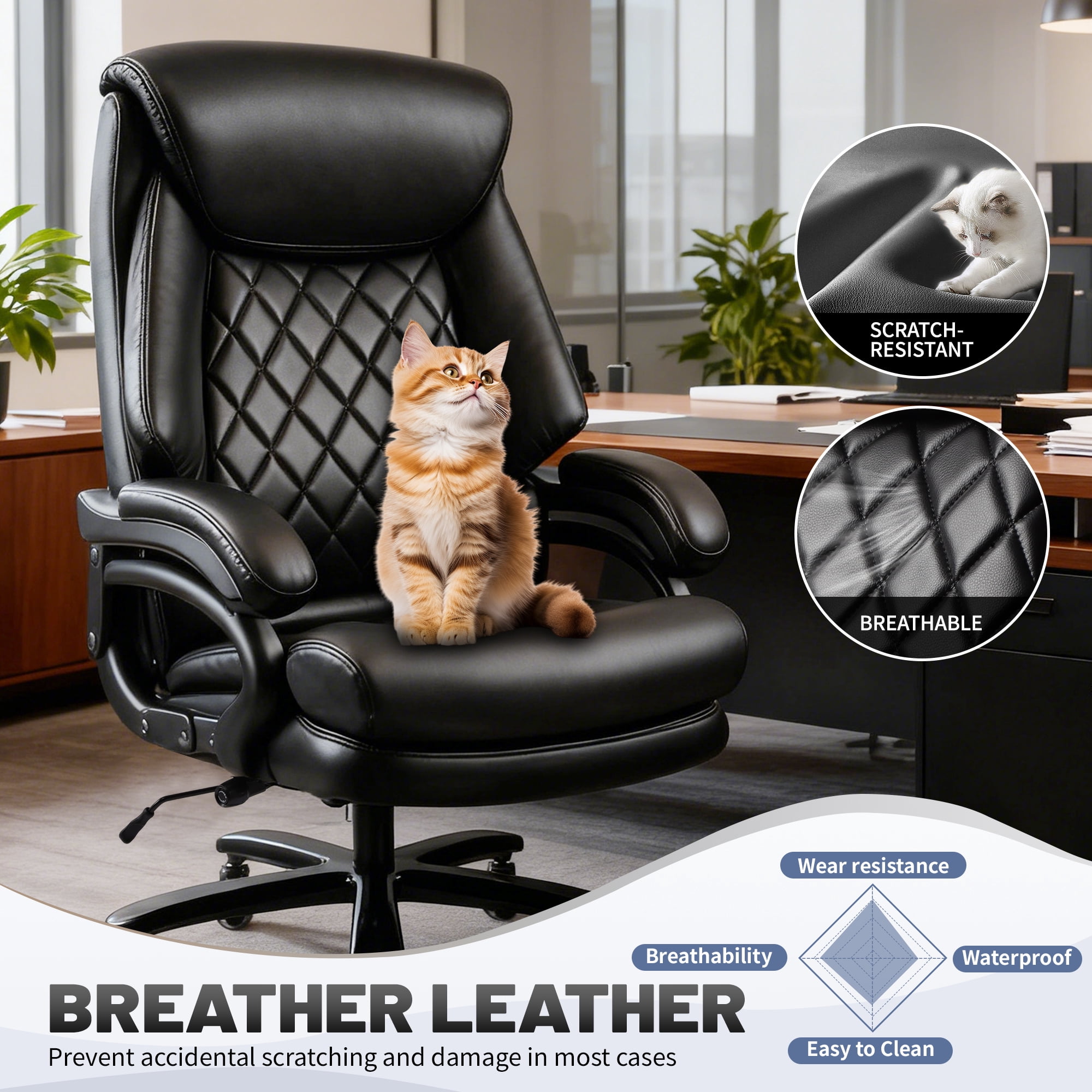 800lbs Big and Tall Office Chair, Executive Chair with Adjustable Lumbar Support, Executive Desk Chairs with Quiet Rubber Wheel and Extra Wide seat