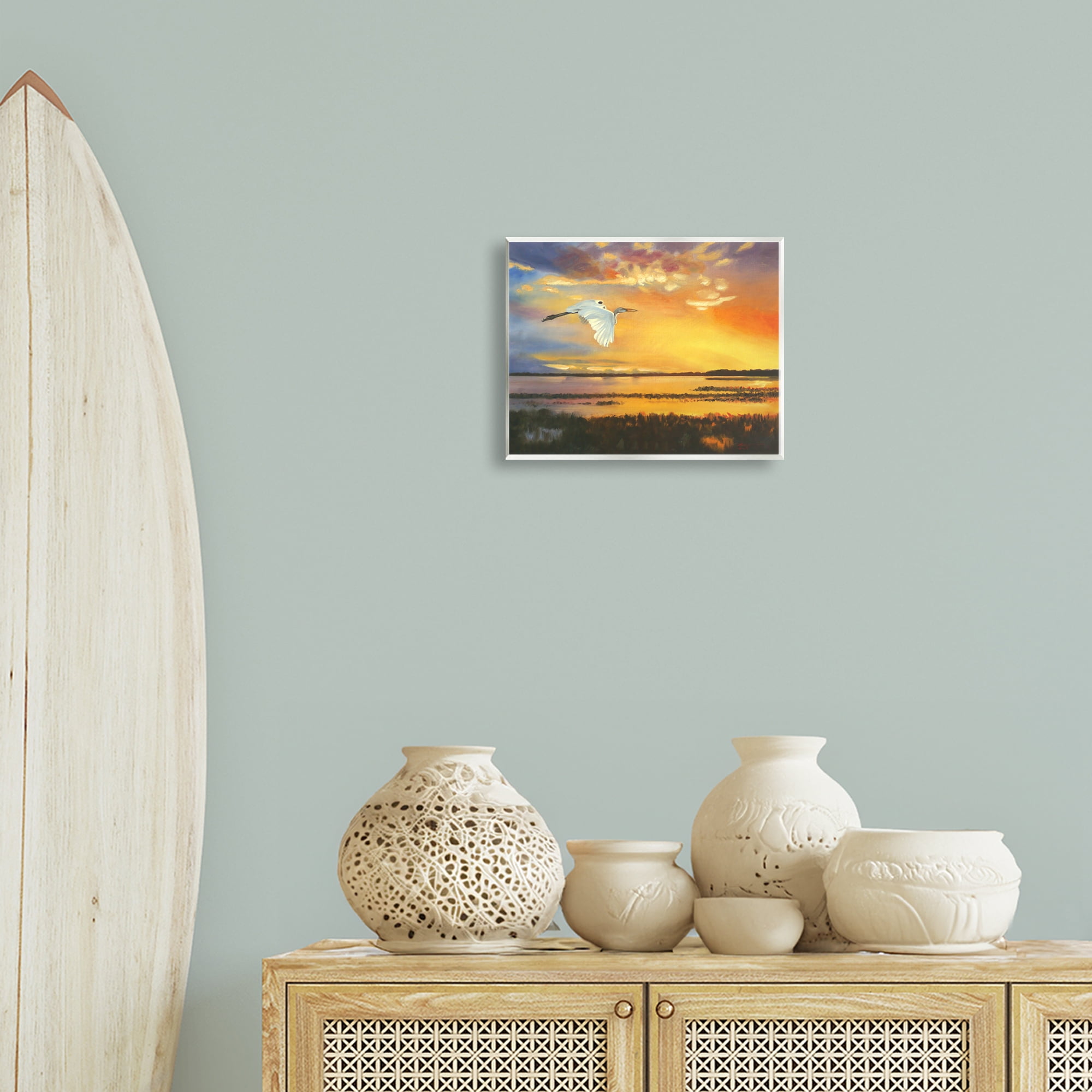Stupell Industries Bird over Sunlit Pond Landscape Painting Unframed Art Print Wall Art, 14 x 11