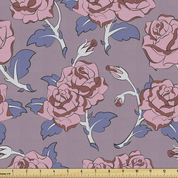 Botanical Sofa Upholstery Fabric by the Yard, Natural Theme Floral Motifs with Blossoms and Buds Patterns, Decorative Fabric for DIY and Home Accents, Pale Pink and Dark Ceil Blue by Ambesonne