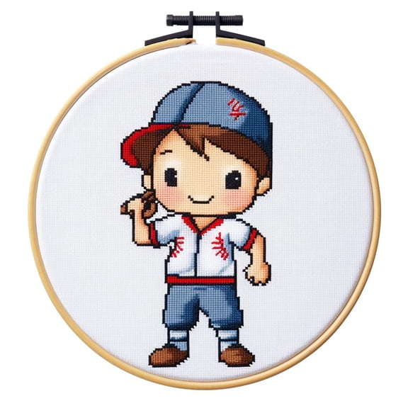 Generic Cartoon Baseball Little Boy DIY Stamped Cross Stitch Kits Easy for Beginners Children with Hoop 11CT Needlepoint Counted Embroidery Kits Art Craft Wall Decoration 12x12inch(1)