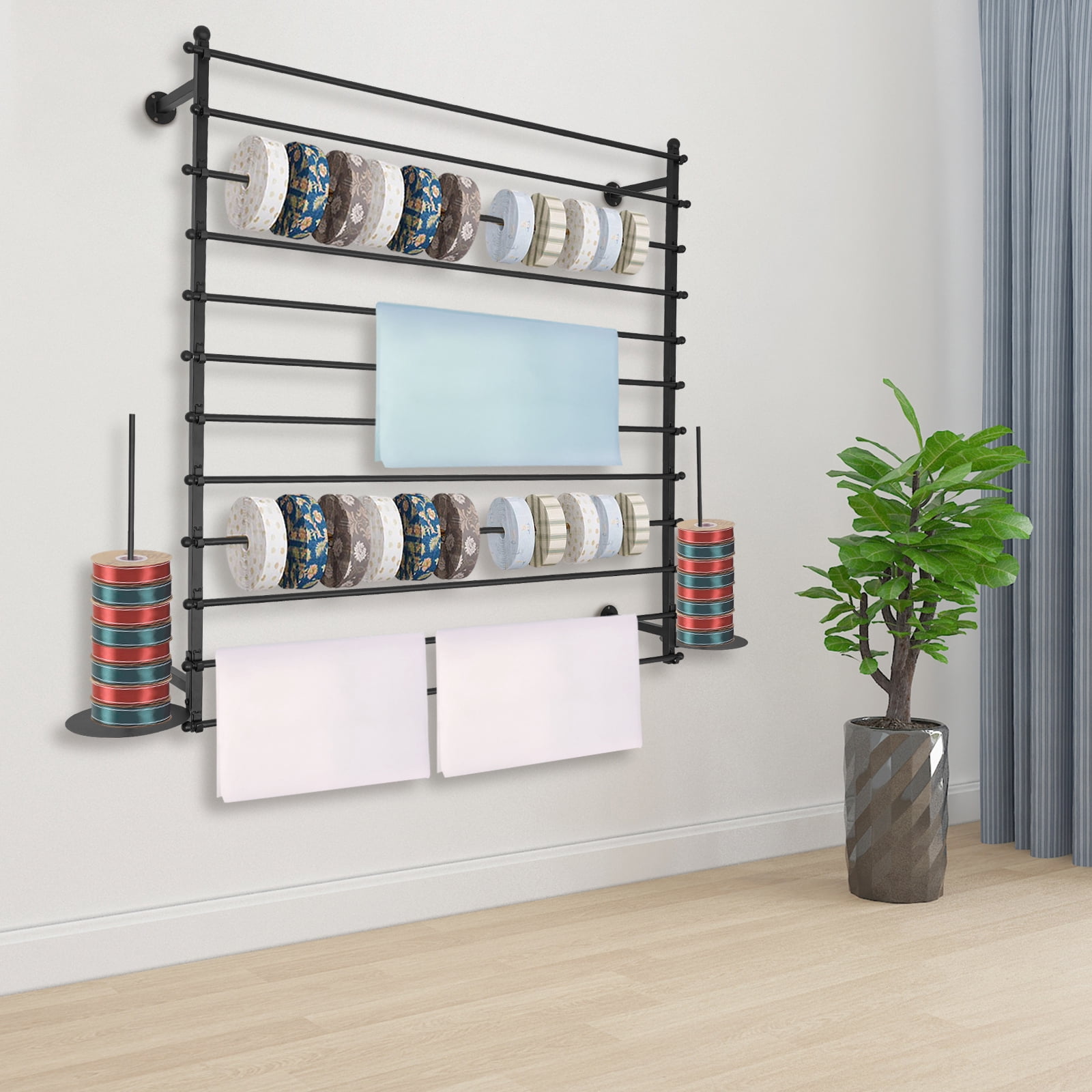 1 PCS Black Wall-Mounted Display Rack, Wrapping Paper Ribbon Holder, Organizer for Flower Shop Sewing Tool Thread Scarf Tie, 12 Rods