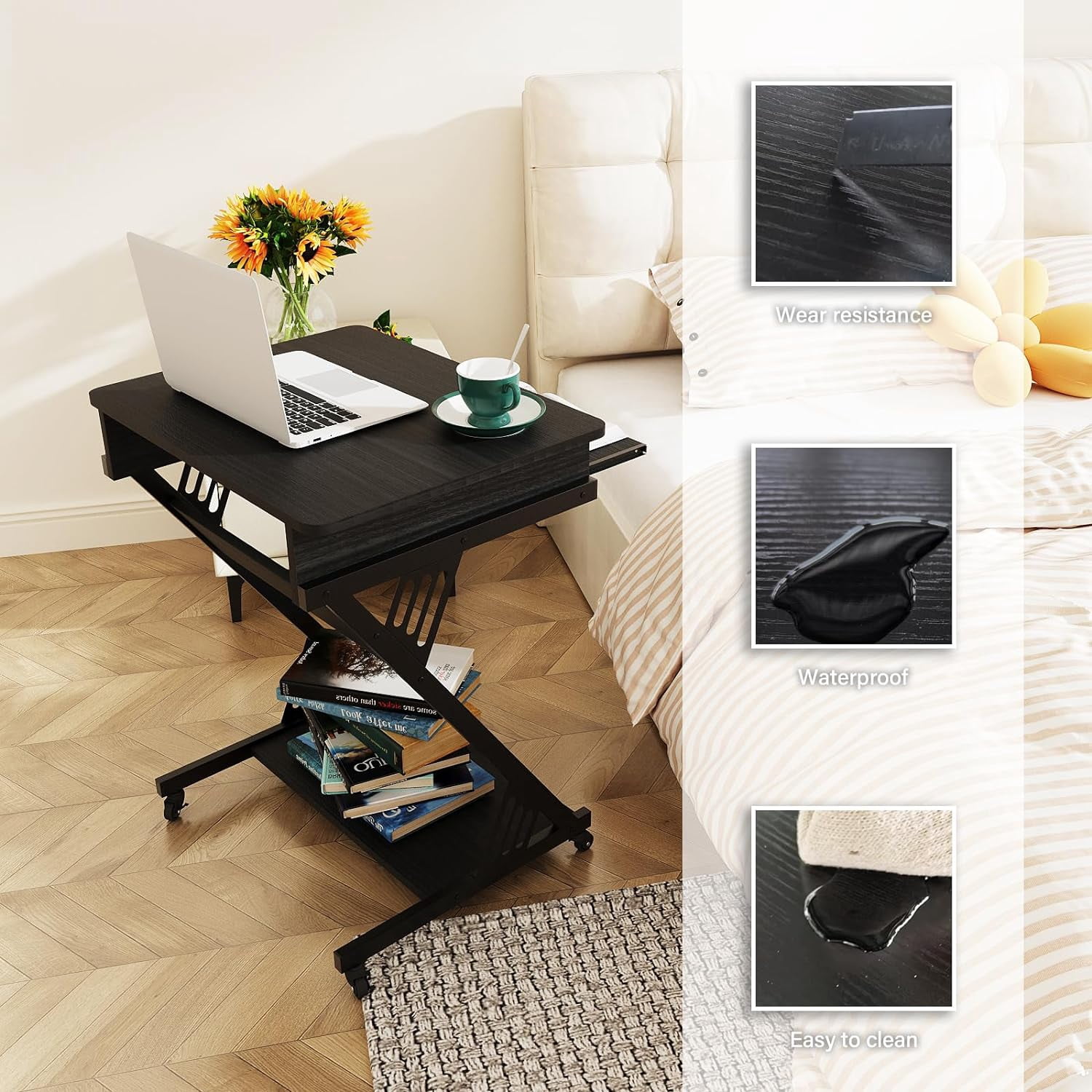 ALISENED 23.6 inch Z-Shaped Mobile Computer Desk with Smooth Keyboard Tray, with Wheels and Bottom Shelves
