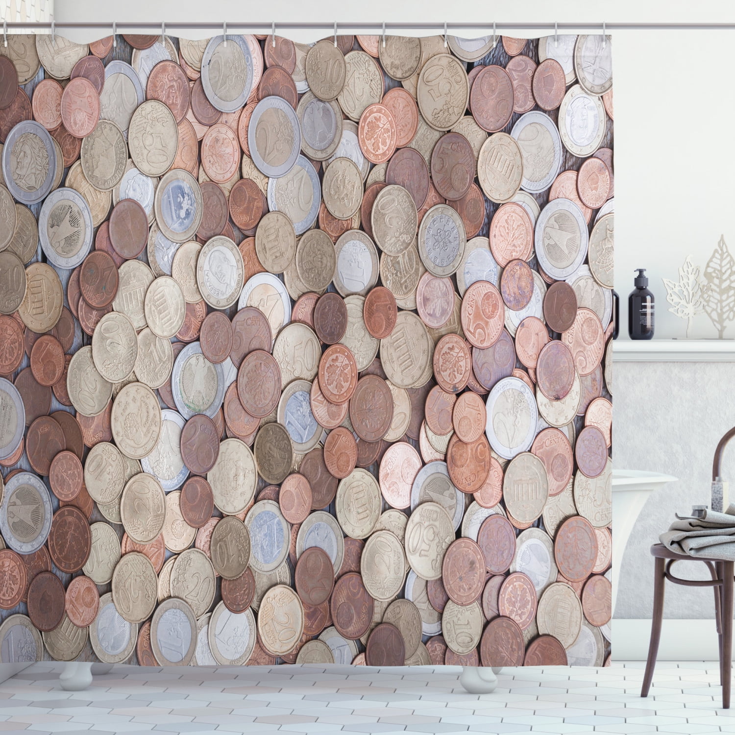 Money Shower Curtain, Close Up Photo of Coins European Union Euros