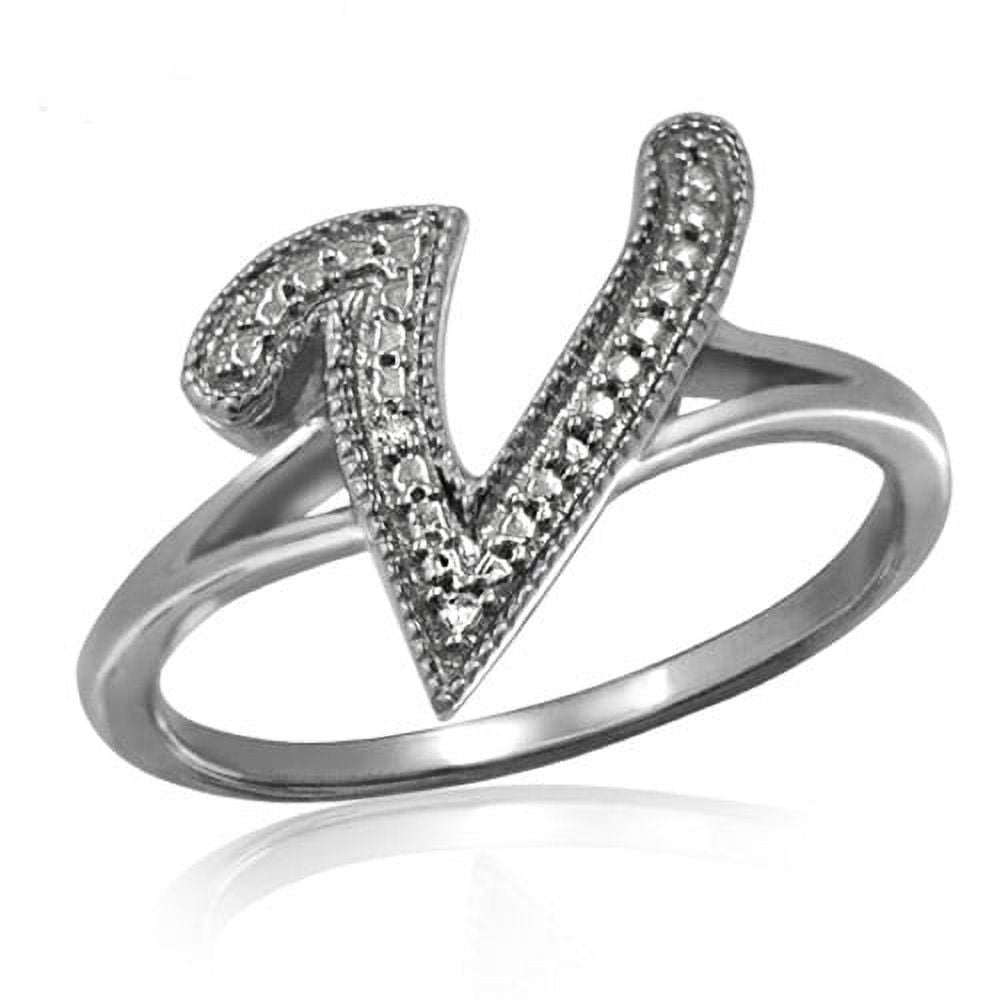 JewelersClub Accent White Diamond Initial Letter Ring for Women | Customizable Sterling Silver V Alphabet Monogram Ring for Girls | Cursive Script Capital Letters | Personalized Jewelry Gift for Her
