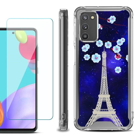 Shockproof Bumper Phone Case for Samsung Galaxy A03s with Tempered Glass Screen Protector by OneToughShield ® - Eiffel Tower Stars