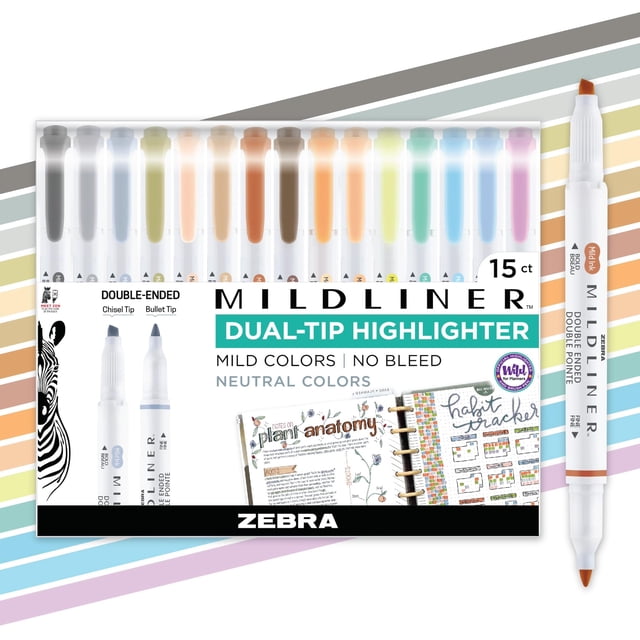 Zebra Pen MILDLINER Dual-Tip Highlighter Set, Broad and Fine Point Tips, No Bleed, Ideal for Bible Highlighting, Journaling, School and Office Suppli